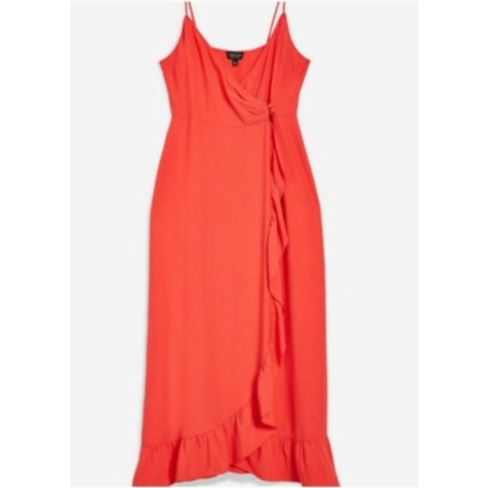 Topshop Deep Coral Red Ruffle Wrap Midi Dress Size 6